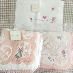 ローラアシュレイ うさぎ＆花柄タオルハンカチ3枚セット＊未使用、注記あり