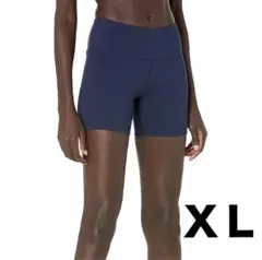 レディース　ヨガ ショートパンツ ミドル丈 着圧 フィットネス ネイビー　XL