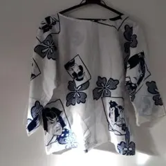 浮世絵デザインの長袖トップス　浴衣リメイク　シャツ　ブラウス