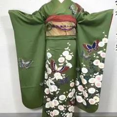 振袖　金彩　蝶々　黄緑