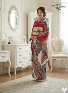 472古典柄　レトロモダン　椿刺繡　正絹振袖6点フルセット成人卒業結婚式謝恩会