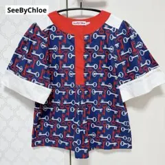【美品】SeeByChloe 鍵柄 総柄ブラウス ネイビー 半袖 S〜Mのサムネイル