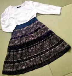 美品2点セット　フレアスカート＋刺繍ブラウス　L　春夏　紺　ネイビー　アジアンのサムネイル