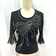 Y5460★美品★ML★黒/ジルコン/りぼん/トップス★社交ダンス