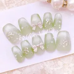 ネイルチップ マグネット グリーン 緑 フレンチガーリー ワンホン 量産型 韓国