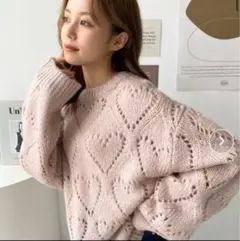 【タグ付新品】moment＋モヘア混ハート柄透かし編みニットプルオーバーMピンク
