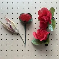 1690. タヒチアン　フラダンス　髪飾り　蘭　レフア　ローズ　赤　ピック