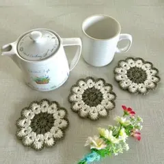 手編み　ドイリー　コースター　茶托　ガーランド　アップリケ　3枚　ハンドメイド