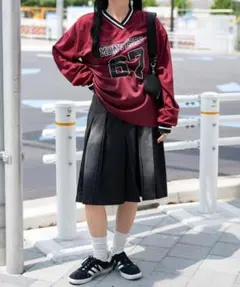 WEGO ヴィンテージウォッシュデニムプリーツミドルスカート　ブラック