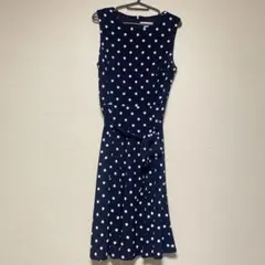 ドット柄　ワンピース 【M】ノースリーブ　ロング　ロングワンピース　ネイビー