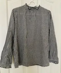 美品　エヘカソポ　ギンガムチェック フリルネック 長袖ブラウス　Mのサムネイル
