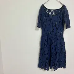 ネイビー 花柄レース 半袖 ワンピース スカート ブルー レース ワンピ