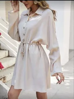 SHEIN ベージュ シャツワンピース 長袖