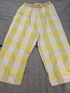 イエローとホワイトのチェック柄カジュアルパンツ Mサイズ
