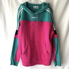 adidas パーカー バイカラー ピンク×グリーン トレフォイルロゴ Lサイズ