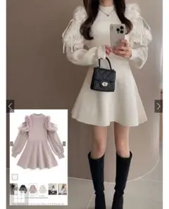 GRL チュールショルダーファーフレアニットミニワンピース ホワイト