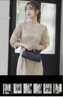 niana ❁ ベージュmサイズ　刺繍バックリボンレースドレス