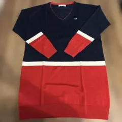【最終値下】LACOSTE ネイビー レッド Vネック ニットワンピース 38！