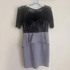 JEWELS レースペプラムドレス 黒とグレー ウエストリボン付き