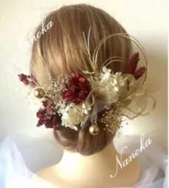 金箔付♪レッド×ホワイト髪飾り♪ドライフラワー♪成人式♪結婚式♪卒業式♪水引