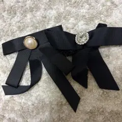 ブラックリボン パール風ボタン ブローチ