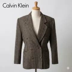 カルバンクライン ウール グレンチェック ダブルテーラードジャケット グレー M