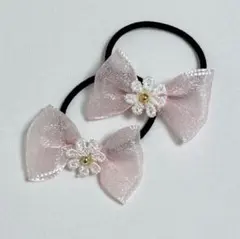 【匿名配送】未使用品 お花 リボン ミニ ヘアゴム ピンク レース素材 2P