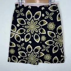 ローラアシュレイ フラワー柄フレアスカート ミディ丈 黒 麻綿 裏地あり