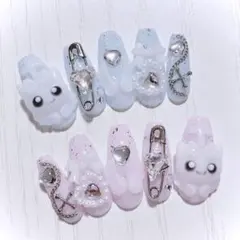 No.164　ネイルチップ 量産型 地雷系 サブカル 平成女児 ピンク 水色 猫