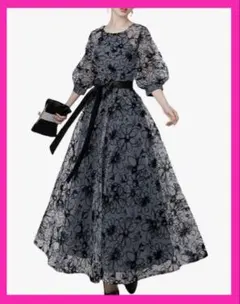 新品❣️ロングドレス XL ブラック Aライン パーティー 花柄 結婚式 リボン