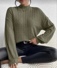 オリーブグリーン リブ編み ハイネックセーター Lサイズ ニット 送料無料
