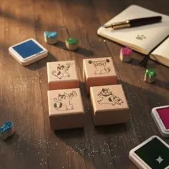 スタンプ 4個セット　猫　ねこ　木製　ユニーク　かわいい【1270.3-900】