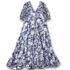 GANNI 34 花柄 ロングドレス ロングワンピース フラワープリント 青のサムネイル