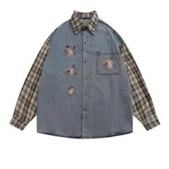 【HOOK】アメカジキャラクター刺繍入りチェック袖切り替えデニムシャツ