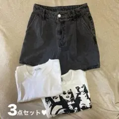 ホワイト ショート丈Tシャツ 2枚＆ デニムハーフパンツ 3点セット✨