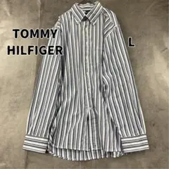 トミーヒルフィガー 紺 ストライプ 長袖 シャツ ＢＤシャツ L【9708】