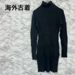 海外古着✨タートルネック ニットミニワンピース チュニック ブラック リブ編み