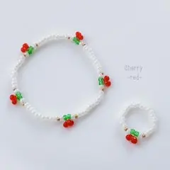 韓国ビーズ ♡ Cherryブレスレット&リングset ＼red／