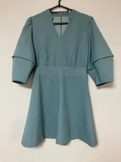 青緑色 Vネック 五分袖 チュニック