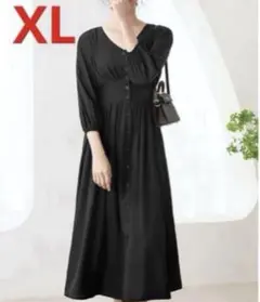 ブラック Vネック ロングワンピース XL