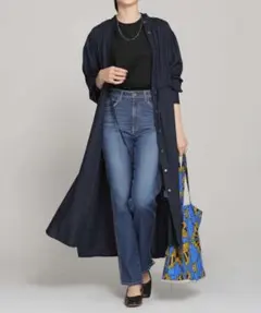 ナノユニバース コットンギャザー シャツワンピース 紺 ネイビー ロング