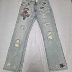 お買い得CrazyLeopard　刺繍入りダメージデニムライトブルーW34