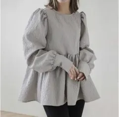 ゆったり　ボリューム袖　マタニティ　袖バルーン　長袖　グレー　バックリボン　Y