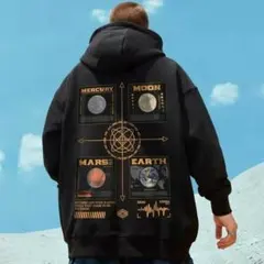 ストリート 地球 メンズ XL パーカー 黒 オーバーサイズ バックプリント