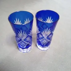 江戸切子 青色カットガラスグラス2個セット