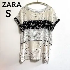 【ZARA】ザラ 花柄×モノトーン 切替ブラウス シアー カットソー Sサイズのサムネイル