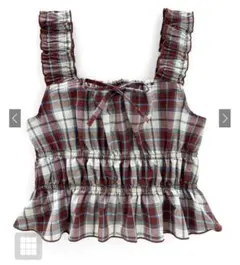 チェック柄リボンシャーリングフリルトップス　レッド【dk1353】