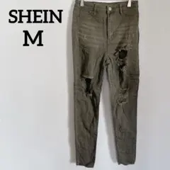SHEIN 【M】オリーブ ダメージスキニーデニム (38) / 6