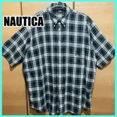 古着 ノーティカ 半袖チェックシャツ グリーン/ネイビー XL/TG