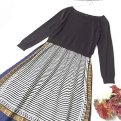 マカフィー 高級シルク100％ ウール 異素材切り替えデザインAラインワンピース